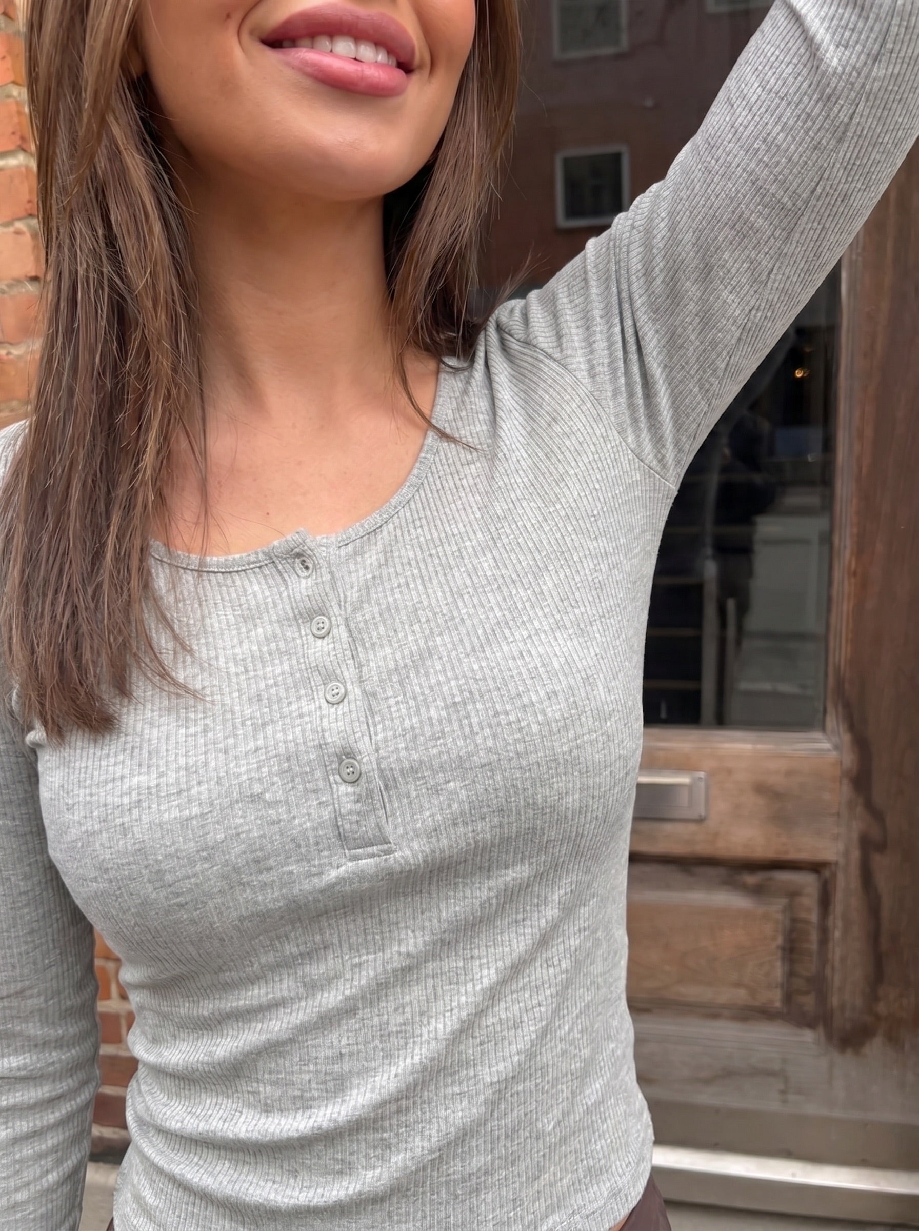 KITTE LANGÆRMET TOP - MEDIUM GREY MELANGE - Dinvintageshop