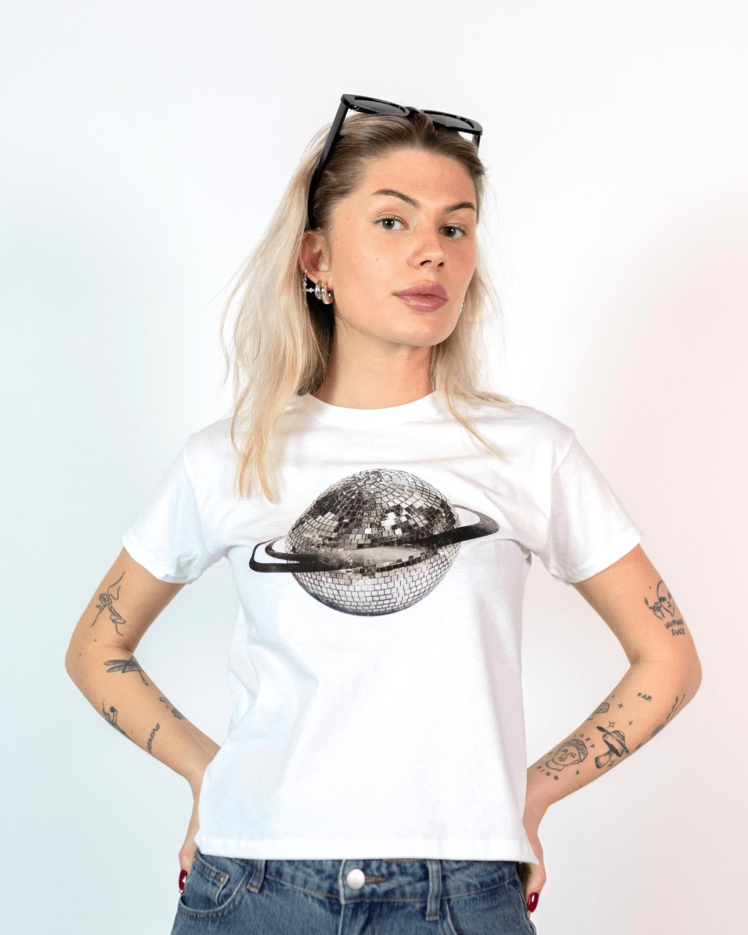PLANET DISCO (black), BABY TEE - WHITE