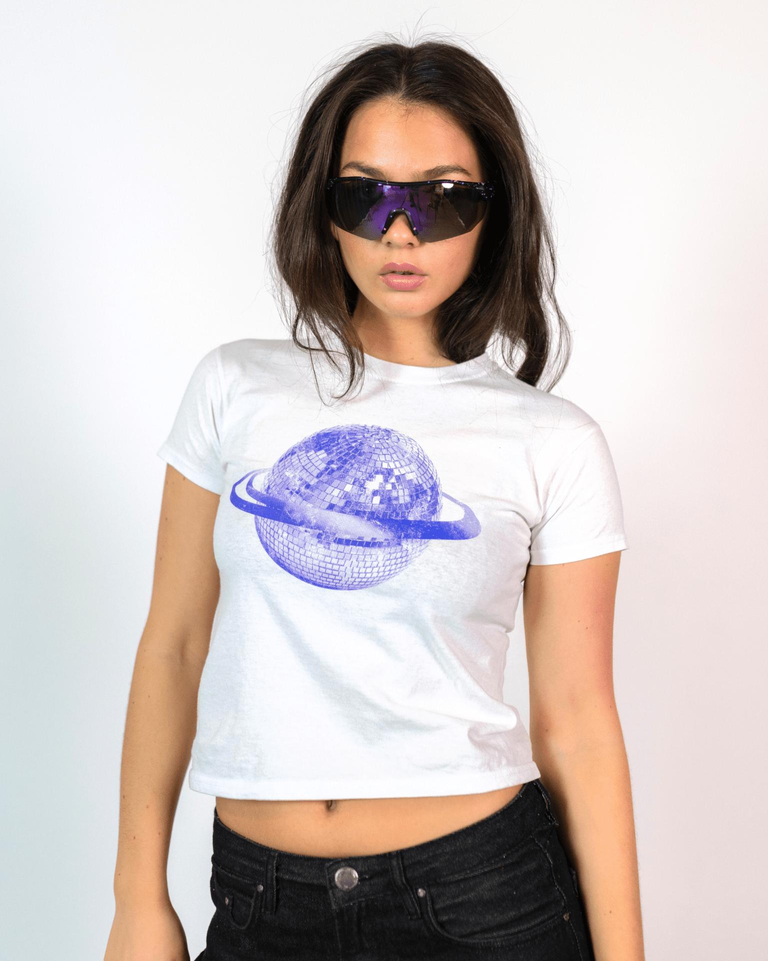 PLANET DISCO (violet), BABY TEE - WHITE