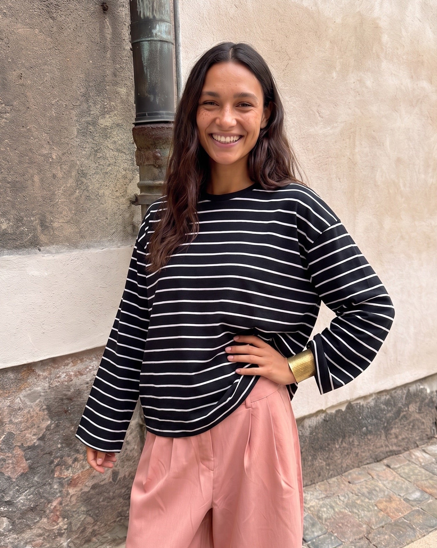 SADIE STRIPE TEE LS - BLACK/CLOUD DANCER
