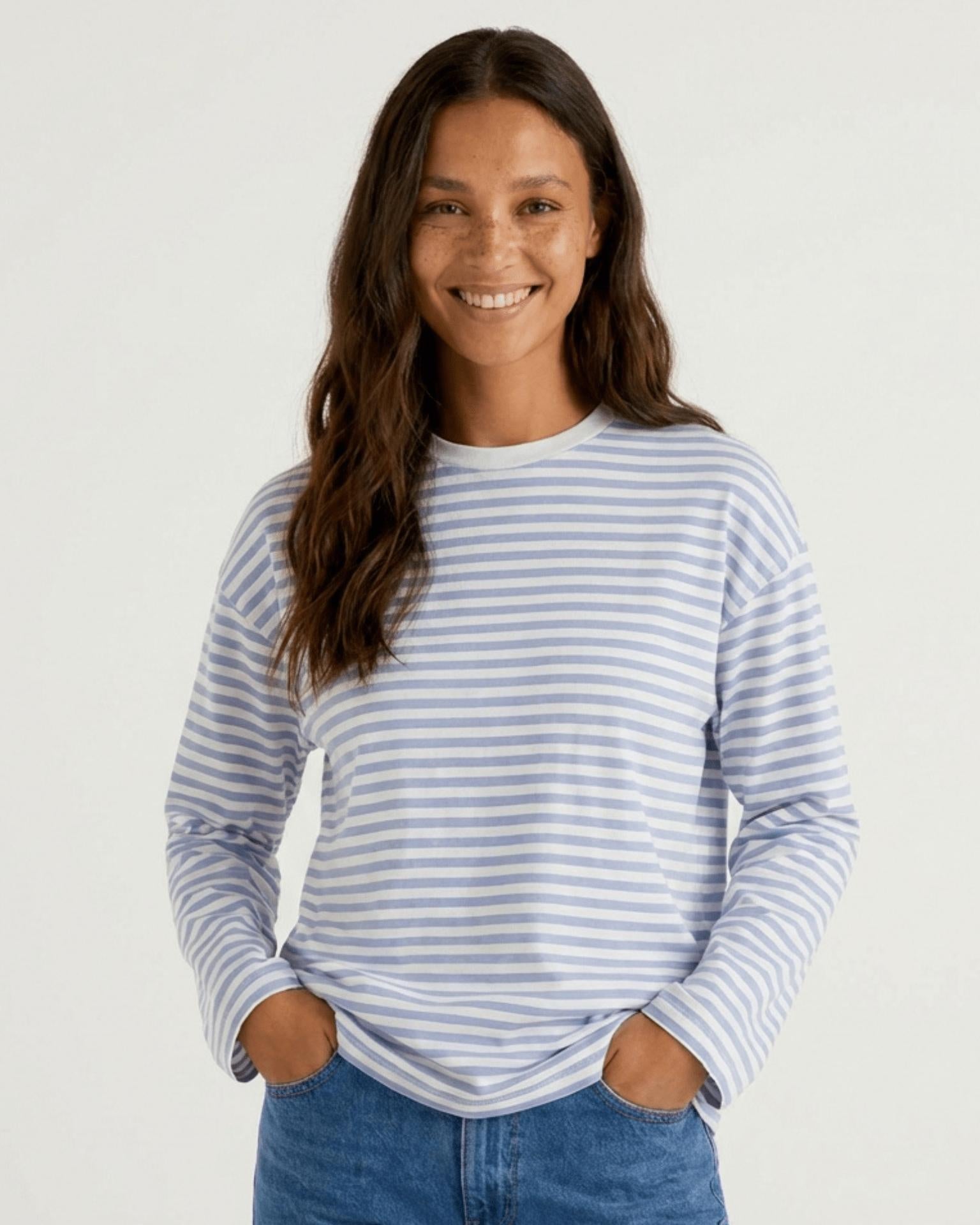 SADIE STRIPE TEE LS - CLOUD DANCER / CASHMERE BLUE - Dinvintageshop