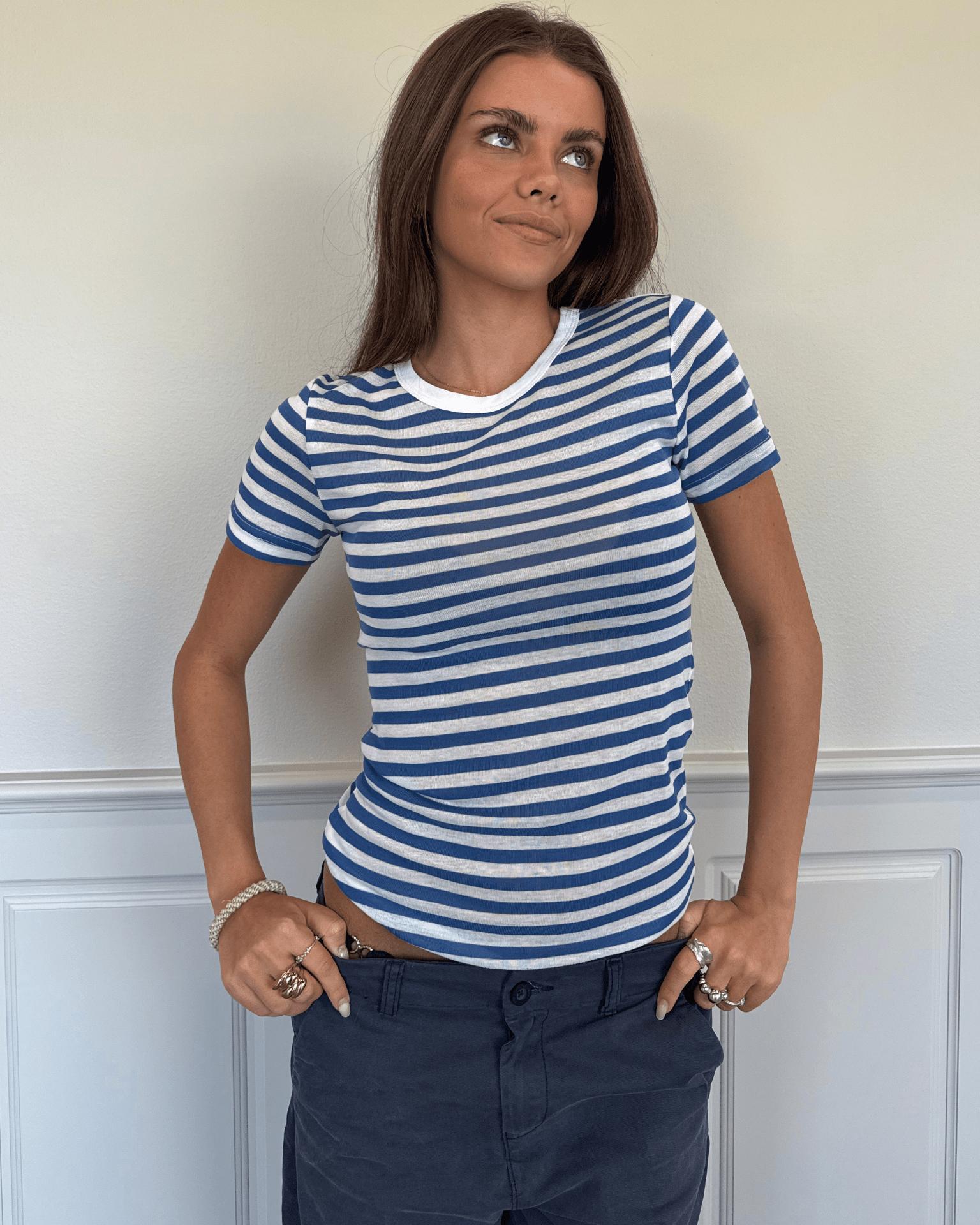 SIDSE KORTÆRMET T-SHIRT - WHITE/BLUE STRIPE