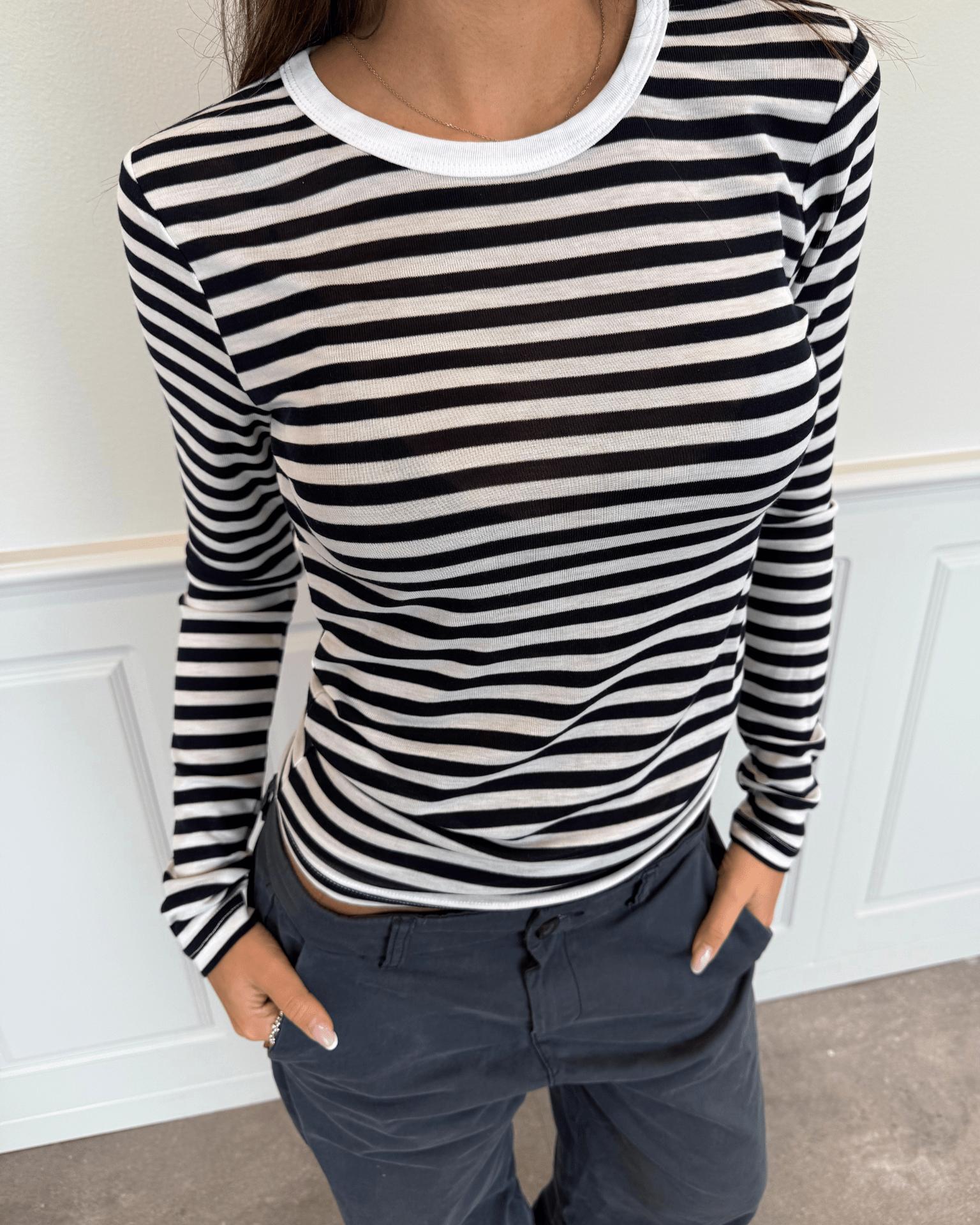 SIDSE LANGÆRMET T-SHIRT - WHITE/NAVY STRIPE